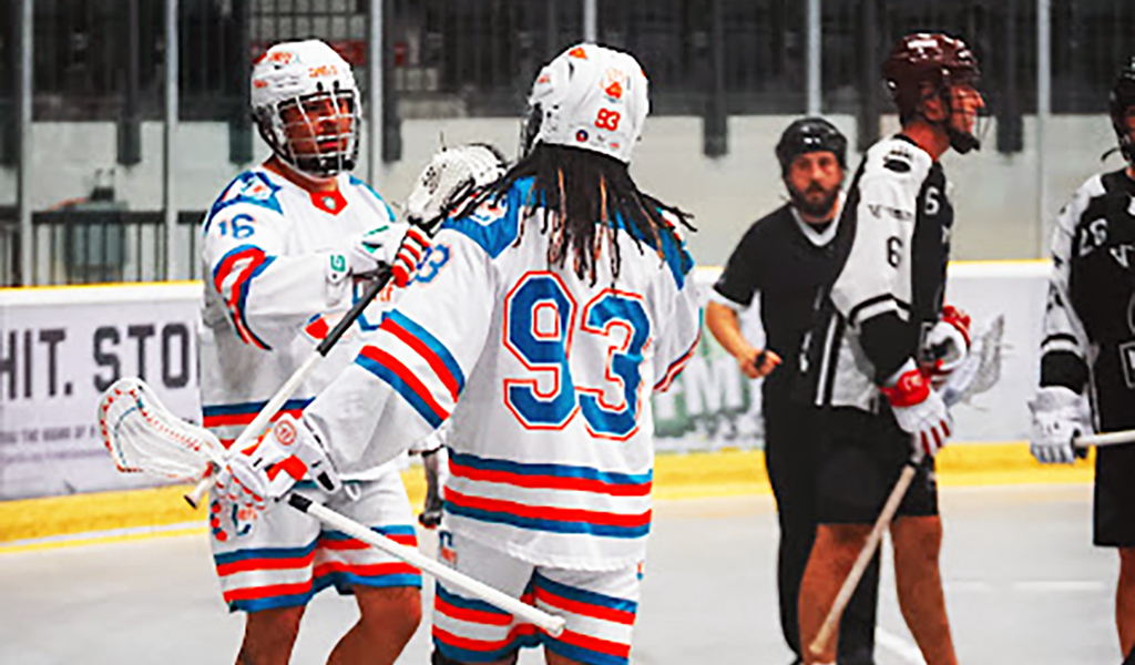 Latrell Harris (#93) and Ty Logan (#16) celebrate a Six Nations Chiefs’ goal on Sunday in Cobourg. Photo courtesy Six Nations Chiefs.