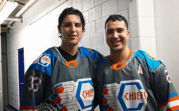 Davin Bomberry, on left, is a rookie with the Six Nations Rivermen but is also an affiliated player for the Six Nations Chiefs, where he gets to play with his older brother Brendan, on right. Photo by Sydney Bomberry.