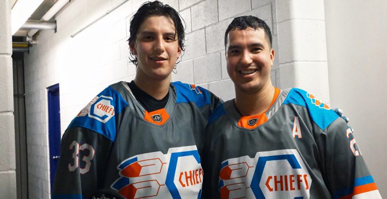 Davin Bomberry, on left, is a rookie with the Six Nations Rivermen but is also an affiliated player for the Six Nations Chiefs, where he gets to play with his older brother Brendan, on right. Photo by Sydney Bomberry.