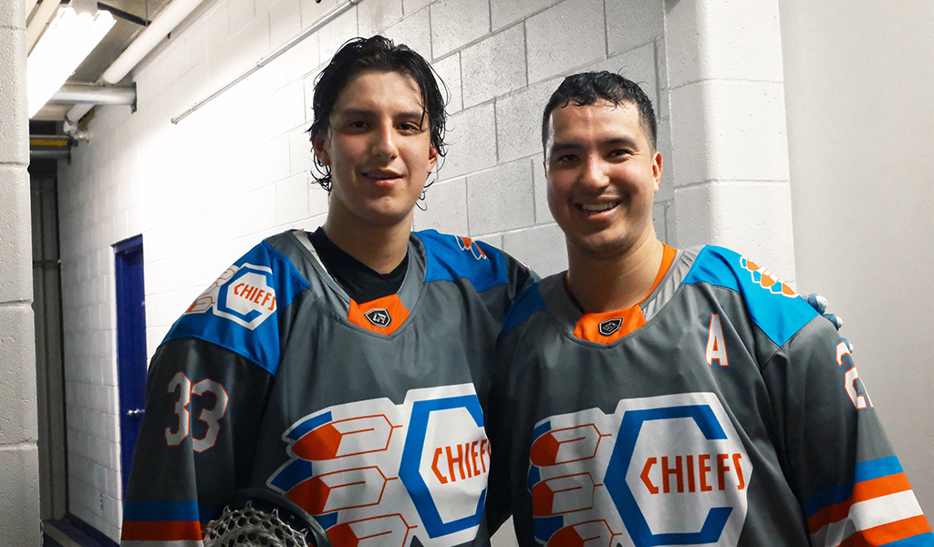 Davin Bomberry, on left, is a rookie with the Six Nations Rivermen but is also an affiliated player for the Six Nations Chiefs, where he gets to play with his older brother Brendan, on right. Photo by Sydney Bomberry.
