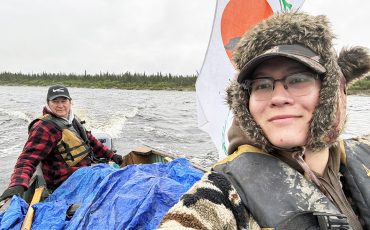 Jeronimo Kataquapit (right) with his father James Kataquapit on the Attawapiskat River as part of their protest ‘Here We Stand - Call to Action’ against recent government decisions that threaten First Nation rights (Photos by Jeronimo Kataquapit )