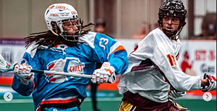 Six Nations Chiefs’ player Lattrell Harris (on left) in action versus the Brampton Excelsiors last week. Photo by Darryl Smart.