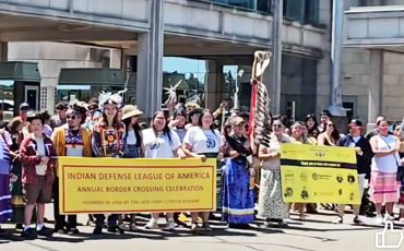 Six Nations Haudenosaunee celebrated the 98th annual Jay Treaty Border Crossing Saturday July 19th marching across the Rainbow Bridge from Niagara Falls NY to Niagara Falls Ontario marking Indigenous rights to cross freely into the two countries. (Supplied Photo)
