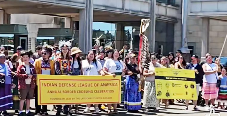Six Nations Haudenosaunee celebrated the 98th annual Jay Treaty Border Crossing Saturday July 19th marching across the Rainbow Bridge from Niagara Falls NY to Niagara Falls Ontario marking Indigenous rights to cross freely into the two countries. (Supplied Photo)