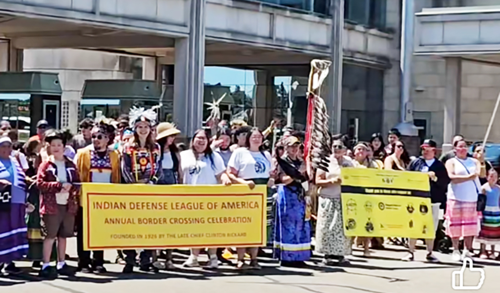 Six Nations Haudenosaunee celebrated the 98th annual Jay Treaty Border Crossing Saturday July 19th marching across the Rainbow Bridge from Niagara Falls NY to Niagara Falls Ontario marking Indigenous rights to cross freely into the two countries. (Supplied Photo)