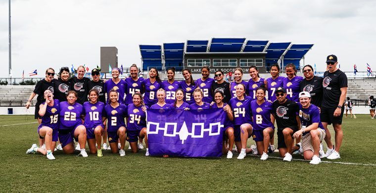 Six Nations members Fawn Porter (fourth from right in front row) and Kimaura Schindler (eighth from right in back row) helped the Haudenosaunee Nationals win bronze at the PALA tournament in Florida. Photo courtesy Fawn Porter.