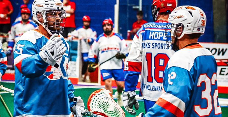 Members of the Six Nations Chiefs, in blue jerseys, downed the visiting Peterborough Lakers in a match last Tuesday at the ILA. Photo by Darryl Smart.