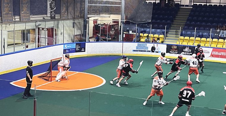The Six Nations Rivermen, in dark jerseys, defeated the host Brooklin Merchants in an Ontario Series Lacrosse contest held Saturday in Whitby. Photo by Sam Laskaris.