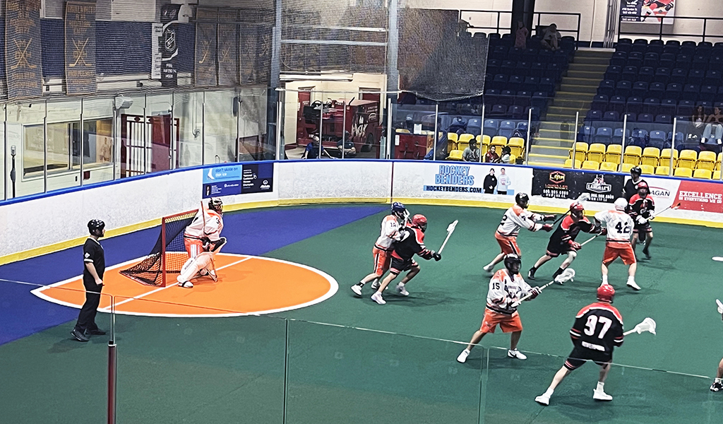 The Six Nations Rivermen, in dark jerseys, defeated the host Brooklin Merchants in an Ontario Series Lacrosse contest held Saturday in Whitby. Photo by Sam Laskaris.
