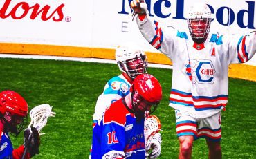 The Six Nations Chiefs (in white jerseys) earned a road victory in Game 2 of their MSL final against the Peterborough Lakers on Tuesday night. Photo by Darryl Smart.