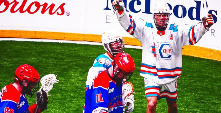 The Six Nations Chiefs (in white jerseys) earned a road victory in Game 2 of their MSL final against the Peterborough Lakers on Tuesday night. Photo by Darryl Smart.