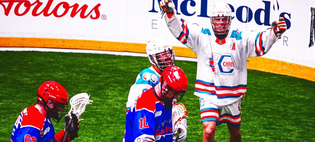 The Six Nations Chiefs (in white jerseys) earned a road victory in Game 2 of their MSL final against the Peterborough Lakers on Tuesday night. Photo by Darryl Smart.