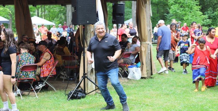 Former Credit First Nation Chief Stacey LaForme got the beat at the annual Mississaugas of the Credit First Nation Pow Wow this past weekend. More inside. (Photo by Jim Powless)
