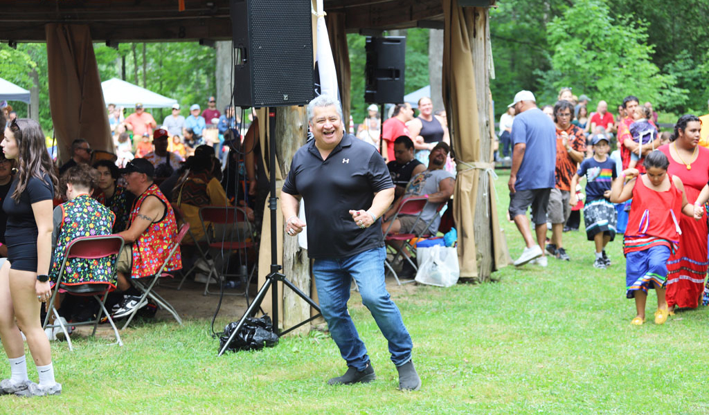 Former Credit First Nation Chief Stacey LaForme got the beat at the annual Mississaugas of the Credit First Nation Pow Wow this past weekend. More inside. (Photo by Jim Powless)