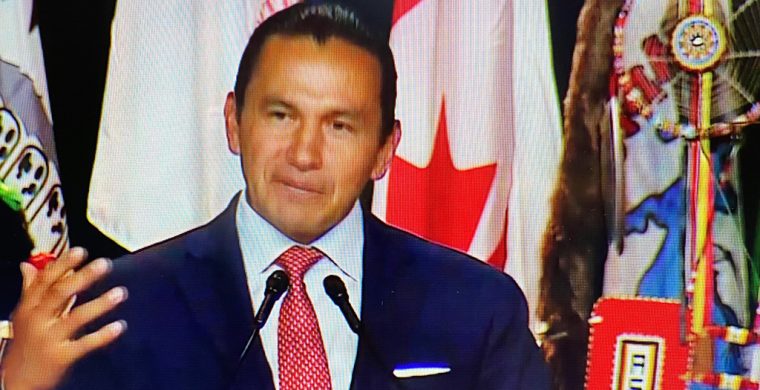 Manitoba Premier Wab Kinew spoke to AFN chiefs in Winnipeg.