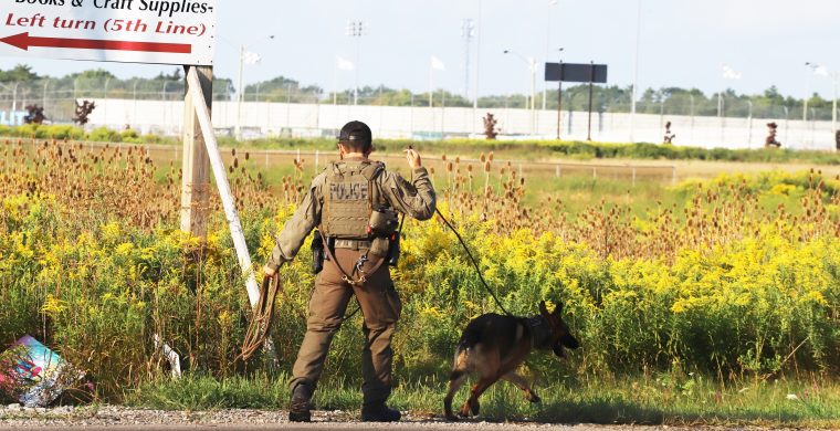 Six NationsPolice K9 unit was searching a poriton of Chiefswood Road and Fifth Line . (Photo by Jim C. Powless)