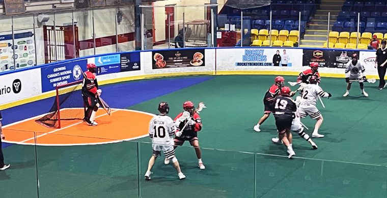 The Six Nations Rivermen, in dark jerseys, were downed by the Edmonton Miners in the Presidents Cup bronze-medal game on Saturday. Photo by Sam Laskaris.