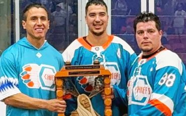 Six Nations Chiefs’ captains, left to right, Lyle Thompson, Brendan Bomberry and Cody Jamieson, with the Major Series Lacrosse championship trophy. Photo courtesy Six Nations Chiefs.