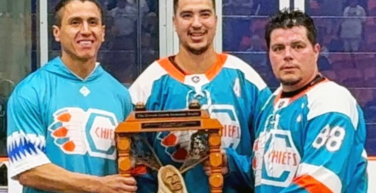 Six Nations Chiefs’ captains, left to right, Lyle Thompson, Brendan Bomberry and Cody Jamieson, with the Major Series Lacrosse championship trophy. Photo courtesy Six Nations Chiefs.