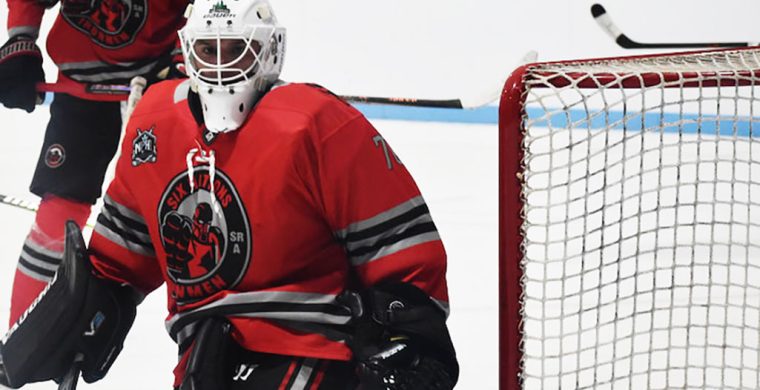 Goaltender Tim Porter was the first star of the game on Sunday as the Six Nation Ironmen beat the Halton Hill Coyotes 11-1. Photo by Honee Anderson