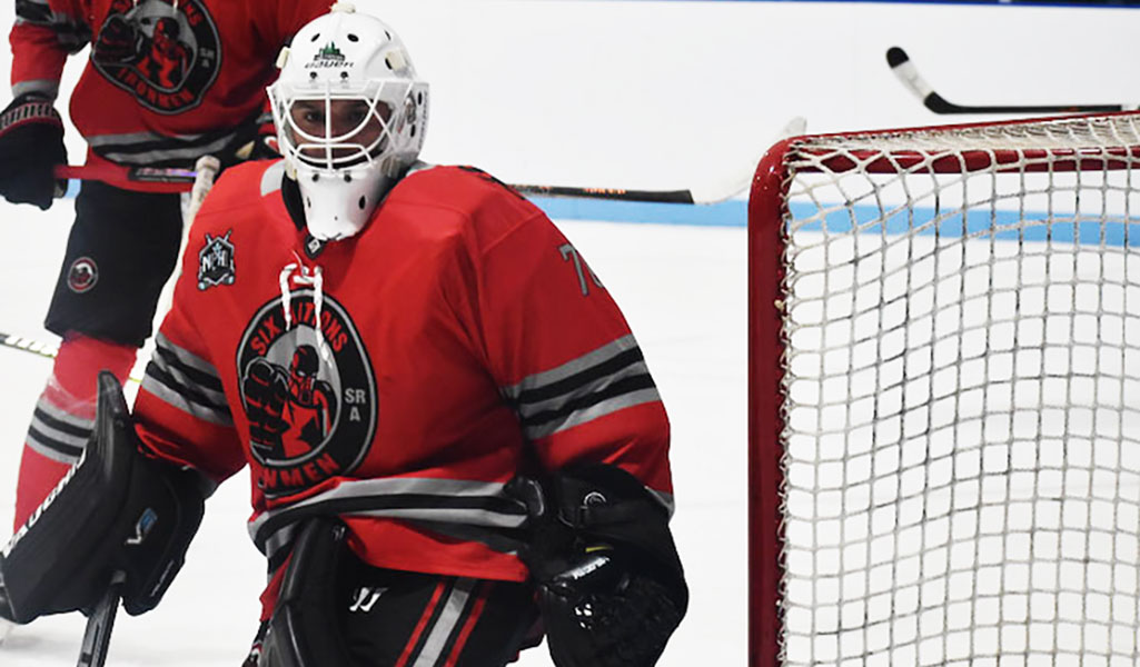 Goaltender Tim Porter was the first star of the game on Sunday as the Six Nation Ironmen beat the Halton Hill Coyotes 11-1. Photo by Honee Anderson