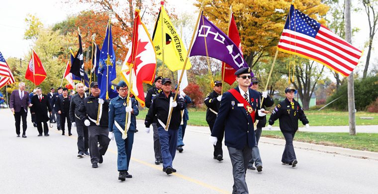 Six Nations marked Remembrance Day early with a parade and ceremonies at Veterans’ Park in Ohsweken Sunday. (Photo by Jim C. Powless)
