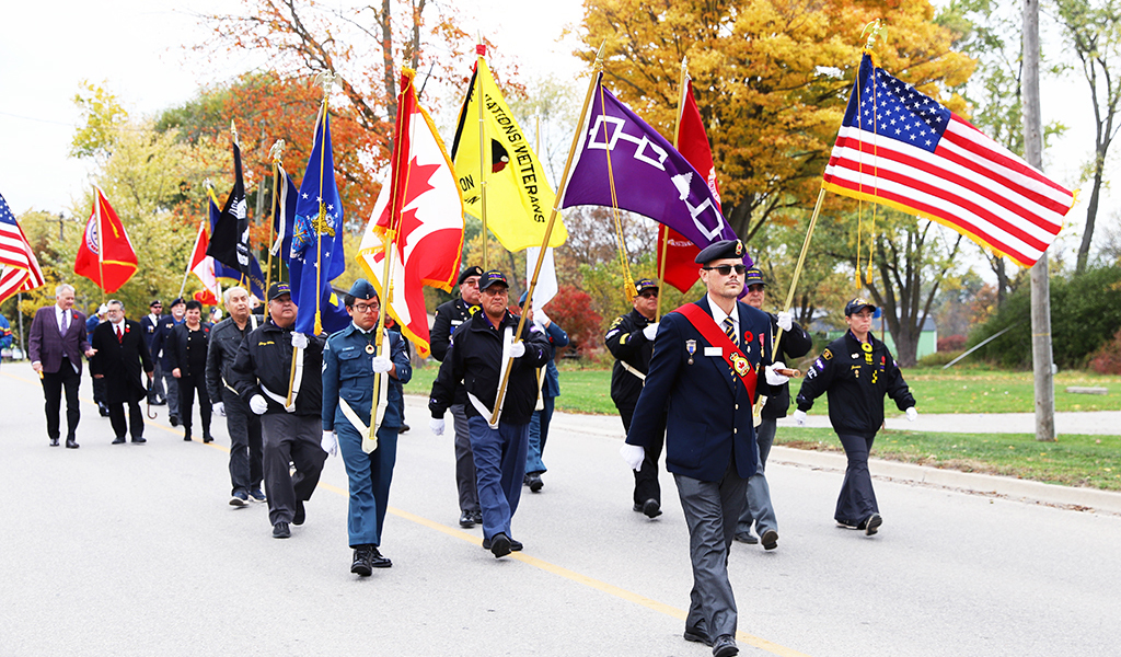 Six Nations marked Remembrance Day early with a parade and ceremonies at Veterans’ Park in Ohsweken Sunday. (Photo by Jim C. Powless)