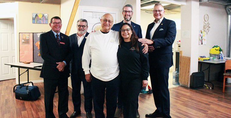 Coun. Richard Carpenter, Mayor David Bailey, Andrew Trevor, Alma Arguello, Parliamentary assistant Matthew Rae and MPP Will Bouma celebrate Ontario’s $4.8 million investment in Brantford Native Housing’s upcoming supportive housing project.