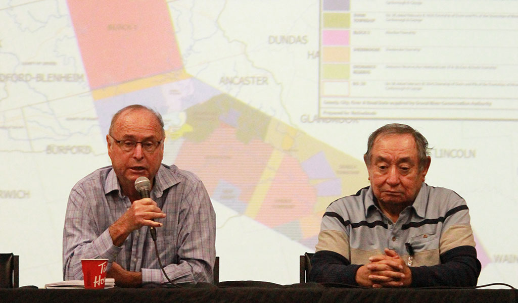 Former Six Nations lands employee Phil Monture and Lonny Bomberry, SNEC lands and resources director, answer questions on coming land rights court battle.