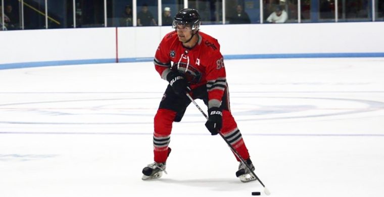 Tyler Hill scored the game-winning goal for the Six Nations Ironmen this past Saturday in a road win against the Woodstock Lakers. Photo by Homer Anderson.