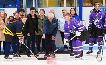 Former local hockey star Helen Lickers drops the ceremonial puck at the Six Nations Stars’ home opener this Friday. The pre-game ceremony included Six Nations Chief Sherri-Lyn Hill on her left.