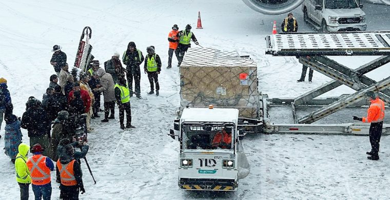 First Nations, Inuit and Métis leaders braved freezing temperatures to welcome back Indigenous artifacts released from the Vatican collection at Montreal’s airport Saturday (Supplied Photo)