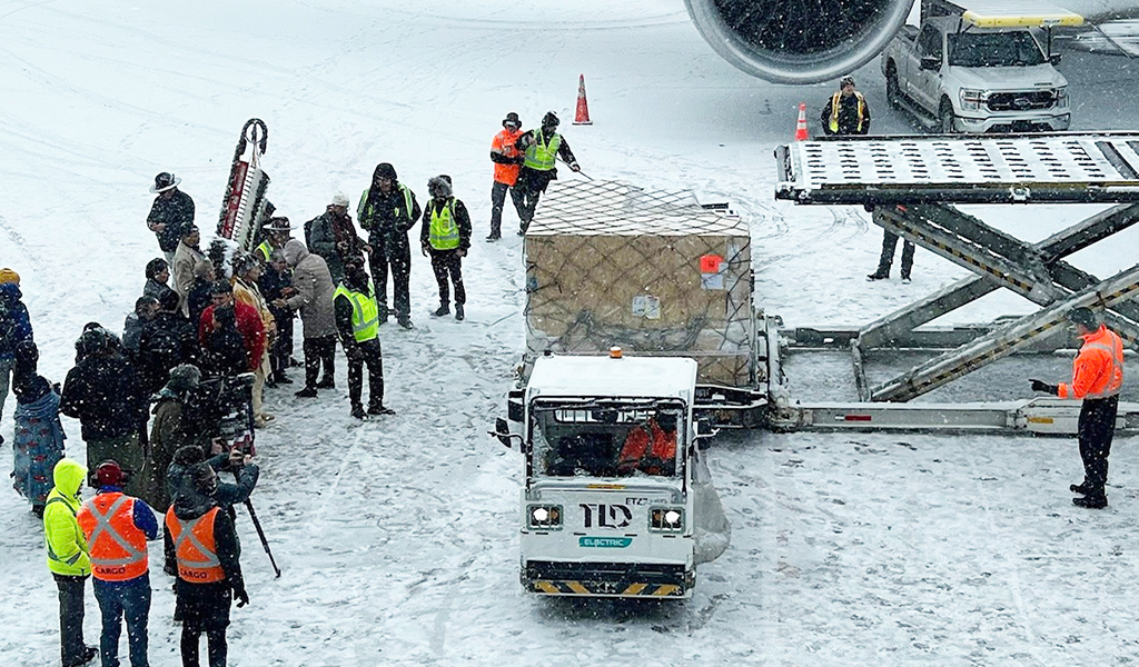First Nations, Inuit and Métis leaders braved freezing temperatures to welcome back Indigenous artifacts released from the Vatican collection at Montreal’s airport Saturday (Supplied Photo)