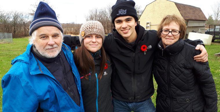 Photo by Xavier Kataquapit Mike McGrath on his many visits to Hagersville, Ontario to see his sister and her two grandchildren. From L-R are: Mike McGrath, Brynn Vokes, Jack Vokes and Mike’s sister Patty Bradley.