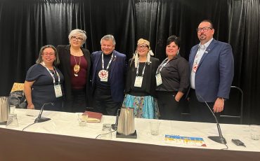 Indigenous leaders were featured on a panel at the Rural Ontario Municipalities Association in Toronto. From left, Melanie Pilon, Shelly Moore-Frappier, Ted Williams, Linda Debassige, Sherri-Lyn Hill and Abram Benedict. (Photo by Sam Laskaris)