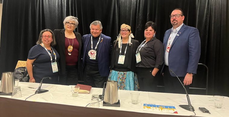 Indigenous leaders were featured on a panel at the Rural Ontario Municipalities Association in Toronto. From left, Melanie Pilon, Shelly Moore-Frappier, Ted Williams, Linda Debassige, Sherri-Lyn Hill and Abram Benedict. (Photo by Sam Laskaris)