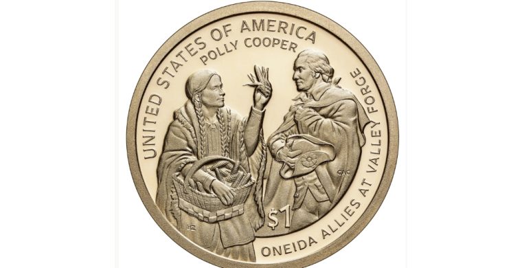 2026 coin honors the Oneida Nation’s contributions at Valley Forge, featuring Oneida woman Polly Cooper aiding the Continental Army.