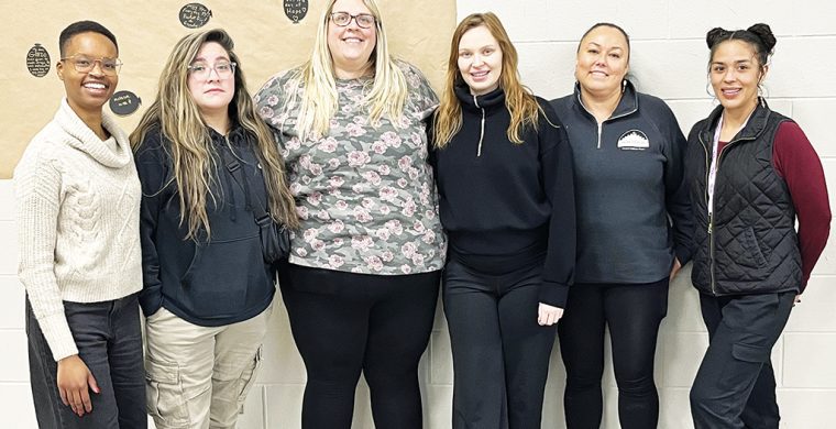 From left to right: Eve Kahama – Harm Reduction Outreach Manager, Marissa Hess - Harm Reduction Outreach Worker, Jamie Dereniowski - Mental Wellness Educator, Brittany Keesmaat - Concurrent Disorders Worker, Arlana Harrison - Life Promotions Coordinator, Rachel Monture - Harm Reduction Outreach Worker (Photo by Alex Murray)