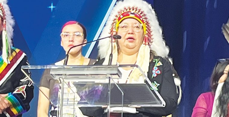 AFN National Chief Cindy Woodhouse Nepinak speaking at the Reservation Economic Summit in Las Vegas. Photo by Sam Laskaris. (Photo by Sam Laskaris)