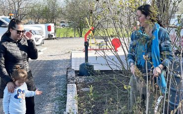 Turtle Island News’ Laura Dayle helps a Six Nations resident pick out a tree at Turtle Island News’ annual Earth Day tree give-away. (Photo by Jim C. Powless)