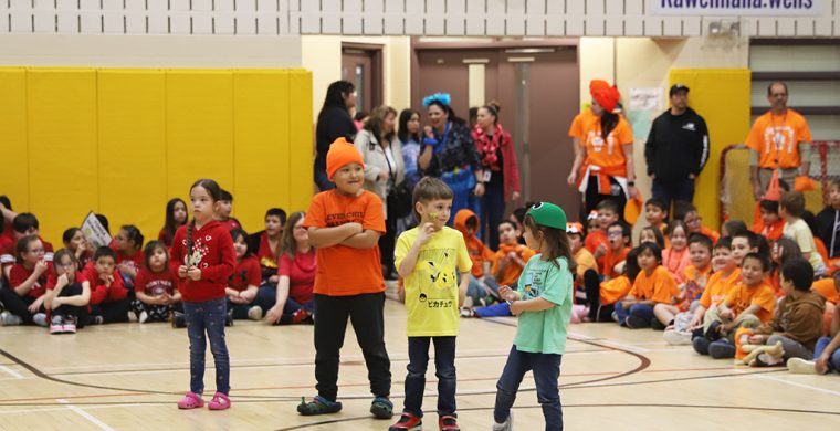 They may have been competing in the Indigenous language day fun Olympics but students also encouraged each other. (Photos by Jim C. Powless)