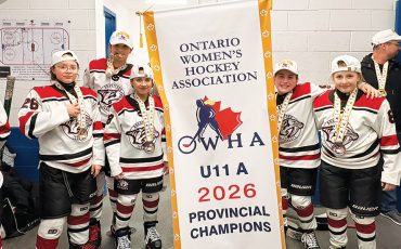 The Ontario winning Brantford Ice Cats team included five First Nations players including four from Six Nations players. (L to R) Sky Bomberry, Yonteserontyes Brant, Cadence Johnson, Madison White and Josie Knott-Wright from Curve Lake. (Photo courtesy Six Nations Stars.)