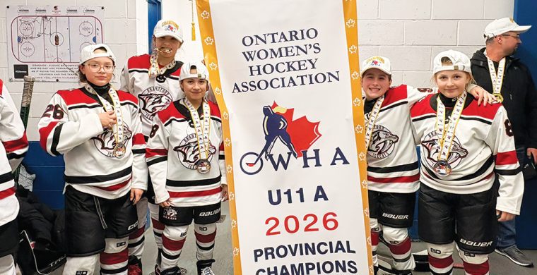 The Ontario winning Brantford Ice Cats team included five First Nations players including four from Six Nations players. (L to R) Sky Bomberry, Yonteserontyes Brant, Cadence Johnson, Madison White and Josie Knott-Wright from Curve Lake. (Photo courtesy Six Nations Stars.)