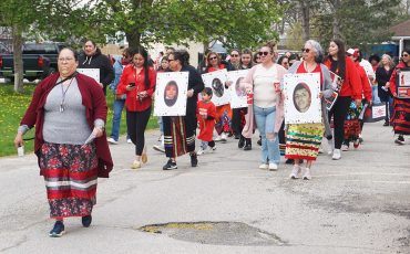 Six Nations community members Red Dress Day March remembering Missing and Murdered Indigenous People made its way down Chiefswood Road through Ohsweken to a gathering at Veterans’ Park. (Photos by Jim C.Powless)