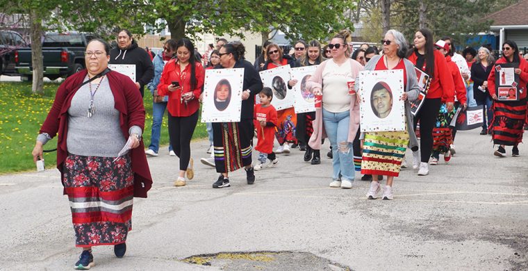 Six Nations community members Red Dress Day March remembering Missing and Murdered Indigenous People made its way down Chiefswood Road through Ohsweken to a gathering at Veterans’ Park. (Photos by Jim C.Powless)