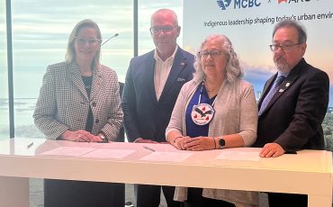 MCFN Chief Margaret Sault (second from right) and MCBC president/CEO Warren Sault (on right) joined Arcadis reps Audrey Jacobs and Scott Arbuckle for a partnership signing ceremony. Photo by Sam Laskaris.