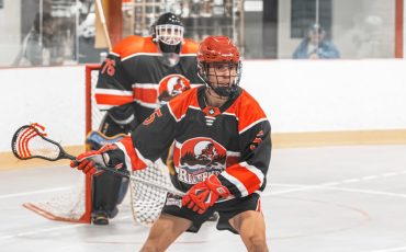 Six Nations Rivermen defender Ryan Andrews and goaltender Elan Henhawk helped their squad to a victory against Ennismore on Saturday. (Photo by Andrew VanEvery)