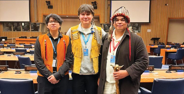 Photo provided by Jeronimo Kataquapit Northern First Nation youth addressed the United Nations Permanent Forum on Indigenous Issues (UNPFII) Twenty-Fifth Session which was held at the United Nations headquarters in New York from April 20 to May 1, 2026. Pictured (L-R) at the UN in New York are: Kohen Mattinas, Lac Seul FN / Constance Lake FN; Jeronimo Kataquapit, Attawapiskat FN and Ramon Kataquapit, Attawapiskat FN.