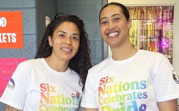 Volunteers Rachel Montour and Sage Takacs handed out food tickets to Six Nations Pride attendees!
