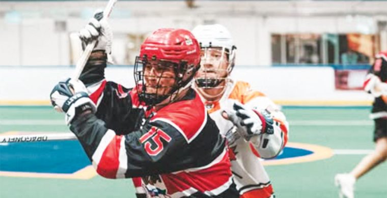 David Anderson, a member of the Six Nations Rivermen, takes a shot in a game versus the Brooklin Merchants this past Saturday. Photo by Andrew VanEvery.
